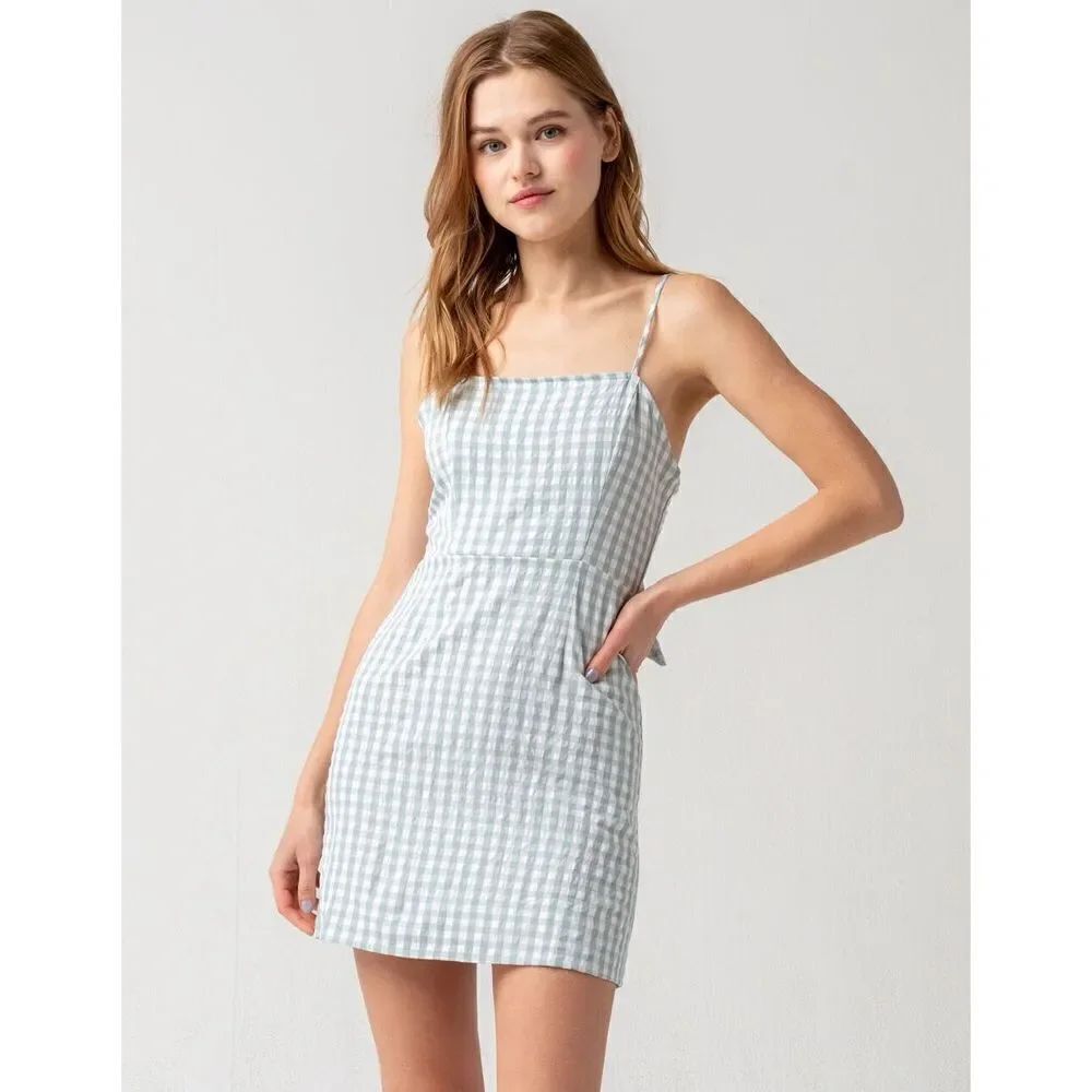 ✨SKY AND SPARROW Gingham Open Tie Back Green Slip Dress✨